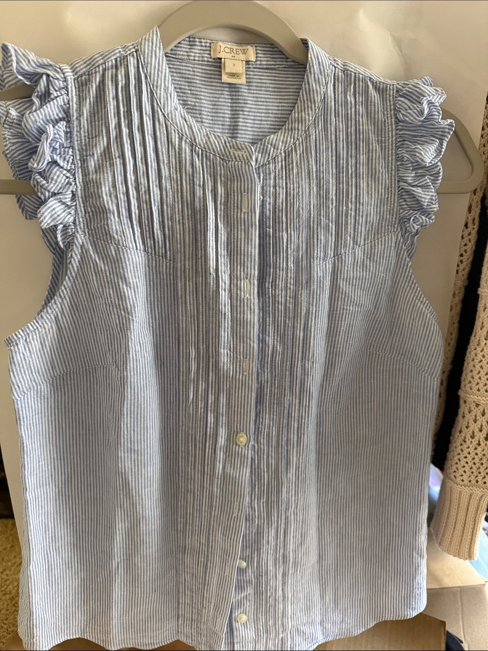J. Crew Light Blue and White Pinstripe Ruffle-Sleeve Button Front Top